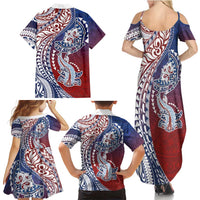 Hawaiian Manta Ray and Hammerhead Shark Tribal Tattoo Family Matching Summer Maxi Dress and Hawaiian Shirt with Polynesian Tribal Pattern Hawaii Flag Color