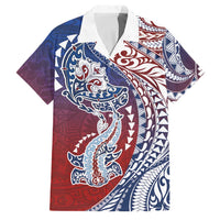Hawaiian Manta Ray and Hammerhead Shark Tribal Tattoo Family Matching Summer Maxi Dress and Hawaiian Shirt with Polynesian Tribal Pattern Hawaii Flag Color