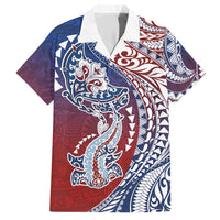 Hawaiian Manta Ray and Hammerhead Shark Tribal Tattoo Hawaiian Shirt with Polynesian Tribal Pattern Hawaii Flag Color
