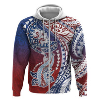 Hawaiian Manta Ray and Hammerhead Shark Tribal Tattoo Hoodie with Polynesian Tribal Pattern Hawaii Flag Color