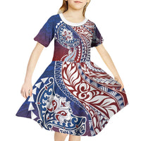 Hawaiian Manta Ray and Hammerhead Shark Tribal Tattoo Kid Short Sleeve Dress with Polynesian Tribal Pattern Hawaii Flag Color