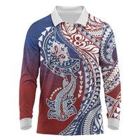 Hawaiian Manta Ray and Hammerhead Shark Tribal Tattoo Long Sleeve Polo Shirt with Polynesian Tribal Pattern Hawaii Flag Color