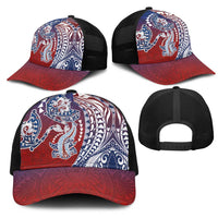 Hawaiian Manta Ray and Hammerhead Shark Tribal Tattoo Mesh Trucker Cap with Polynesian Tribal Pattern Hawaii Flag Color LT03 - Polynesian Pride