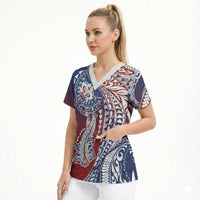 Hawaiian Manta Ray and Hammerhead Shark Tribal Tattoo Scrub Top with Polynesian Tribal Pattern Hawaii Flag Color LT03 - Polynesian Pride