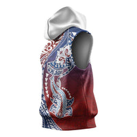 Hawaiian Manta Ray and Hammerhead Shark Tribal Tattoo Sleeveless Hoodie with Polynesian Tribal Pattern Hawaii Flag Color