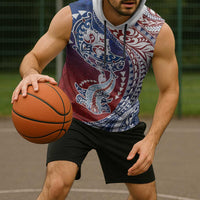 Hawaiian Manta Ray and Hammerhead Shark Tribal Tattoo Sleeveless Hoodie with Polynesian Tribal Pattern Hawaii Flag Color
