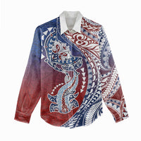 Hawaiian Manta Ray and Hammerhead Shark Tribal Tattoo Women Casual Shirt with Polynesian Tribal Pattern Hawaii Flag Color