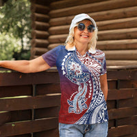 Hawaiian Manta Ray and Hammerhead Shark Tribal Tattoo Women Polo Shirt with Polynesian Tribal Pattern Hawaii Flag Color