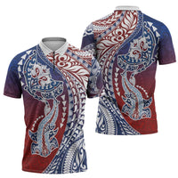 Hawaiian Manta Ray and Hammerhead Shark Tribal Tattoo Zipper Polo Shirt with Polynesian Tribal Pattern Hawaii Flag Color