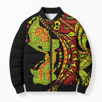 Hawaiian Manta Ray and Hammerhead Shark Tribal Tattoo Bomber Puffer Jacket with Polynesian Tribal Pattern Kanaka Maoli Flag Color