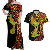 Hawaiian Manta Ray and Hammerhead Shark Tribal Tattoo Couples Matching Off Shoulder Maxi Dress and Hawaiian Shirt with Polynesian Tribal Pattern Kanaka Maoli Flag Color