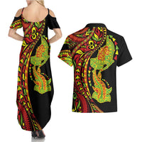 Hawaiian Manta Ray and Hammerhead Shark Tribal Tattoo Couples Matching Summer Maxi Dress and Hawaiian Shirt with Polynesian Tribal Pattern Kanaka Maoli Flag Color