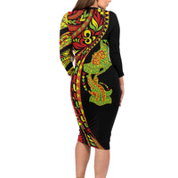 Hawaiian Manta Ray and Hammerhead Shark Tribal Tattoo Family Matching Long Sleeve Bodycon Dress and Hawaiian Shirt with Polynesian Tribal Pattern Kanaka Maoli Flag Color