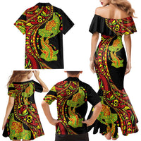 Hawaiian Manta Ray and Hammerhead Shark Tribal Tattoo Family Matching Mermaid Dress and Hawaiian Shirt with Polynesian Tribal Pattern Kanaka Maoli Flag Color