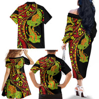 Hawaiian Manta Ray and Hammerhead Shark Tribal Tattoo Family Matching Off The Shoulder Long Sleeve Dress and Hawaiian Shirt with Polynesian Tribal Pattern Kanaka Maoli Flag Color