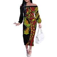 Hawaiian Manta Ray and Hammerhead Shark Tribal Tattoo Family Matching Off The Shoulder Long Sleeve Dress and Hawaiian Shirt with Polynesian Tribal Pattern Kanaka Maoli Flag Color