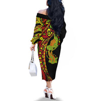 Hawaiian Manta Ray and Hammerhead Shark Tribal Tattoo Family Matching Off The Shoulder Long Sleeve Dress and Hawaiian Shirt with Polynesian Tribal Pattern Kanaka Maoli Flag Color