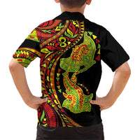 Hawaiian Manta Ray and Hammerhead Shark Tribal Tattoo Family Matching Off Shoulder Maxi Dress and Hawaiian Shirt with Polynesian Tribal Pattern Kanaka Maoli Flag Color