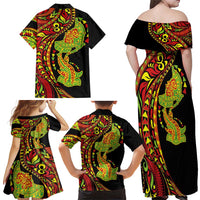 Hawaiian Manta Ray and Hammerhead Shark Tribal Tattoo Family Matching Off Shoulder Maxi Dress and Hawaiian Shirt with Polynesian Tribal Pattern Kanaka Maoli Flag Color