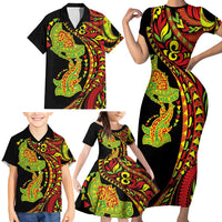 Hawaiian Manta Ray and Hammerhead Shark Tribal Tattoo Family Matching Short Sleeve Bodycon Dress and Hawaiian Shirt with Polynesian Tribal Pattern Kanaka Maoli Flag Color
