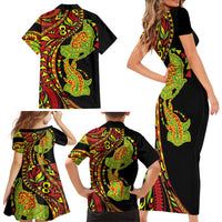 Hawaiian Manta Ray and Hammerhead Shark Tribal Tattoo Family Matching Short Sleeve Bodycon Dress and Hawaiian Shirt with Polynesian Tribal Pattern Kanaka Maoli Flag Color