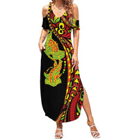 Hawaiian Manta Ray and Hammerhead Shark Tribal Tattoo Family Matching Summer Maxi Dress and Hawaiian Shirt with Polynesian Tribal Pattern Kanaka Maoli Flag Color