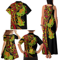 Hawaiian Manta Ray and Hammerhead Shark Tribal Tattoo Family Matching Tank Maxi Dress and Hawaiian Shirt with Polynesian Tribal Pattern Kanaka Maoli Flag Color