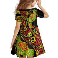 Hawaiian Manta Ray and Hammerhead Shark Tribal Tattoo Kid Short Sleeve Dress with Polynesian Tribal Pattern Kanaka Maoli Flag Color