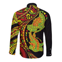 Hawaiian Manta Ray and Hammerhead Shark Tribal Tattoo Long Sleeve Button Shirt with Polynesian Tribal Pattern Kanaka Maoli Flag Color