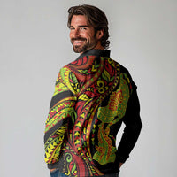 Hawaiian Manta Ray and Hammerhead Shark Tribal Tattoo Long Sleeve Polo Shirt with Polynesian Tribal Pattern Kanaka Maoli Flag Color