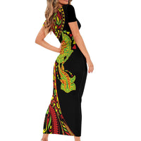 Hawaiian Manta Ray and Hammerhead Shark Tribal Tattoo Short Sleeve Bodycon Dress with Polynesian Tribal Pattern Kanaka Maoli Flag Color