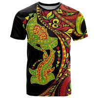 Hawaiian Manta Ray and Hammerhead Shark Tribal Tattoo T Shirt with Polynesian Tribal Pattern Kanaka Maoli Flag Color