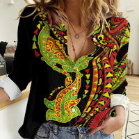Hawaiian Manta Ray and Hammerhead Shark Tribal Tattoo Women Casual Shirt with Polynesian Tribal Pattern Kanaka Maoli Flag Color