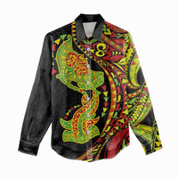 Hawaiian Manta Ray and Hammerhead Shark Tribal Tattoo Women Casual Shirt with Polynesian Tribal Pattern Kanaka Maoli Flag Color