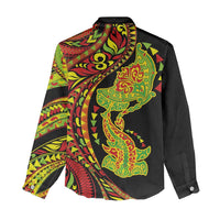 Hawaiian Manta Ray and Hammerhead Shark Tribal Tattoo Women Casual Shirt with Polynesian Tribal Pattern Kanaka Maoli Flag Color