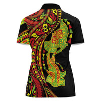 Hawaiian Manta Ray and Hammerhead Shark Tribal Tattoo Women Polo Shirt with Polynesian Tribal Pattern Kanaka Maoli Flag Color