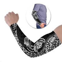 Hawaiian Manta Ray and Hammerhead Shark Tribal Tattoo Arm Sleeves with Polynesian Tribal Pattern Black-White Color