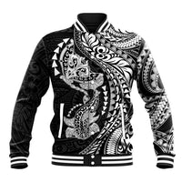 Hawaiian Manta Ray and Hammerhead Shark Tribal Tattoo Baseball Jacket with Polynesian Tribal Pattern Black-White Color LT03 Unisex Multicolor - Polynesian Pride