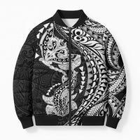Hawaiian Manta Ray and Hammerhead Shark Tribal Tattoo Bomber Puffer Jacket with Polynesian Tribal Pattern Black-White Color LT03 Unisex Multicolor - Polynesian Pride