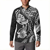 Hawaiian Manta Ray and Hammerhead Shark Tribal Tattoo Button Sweatshirt with Polynesian Tribal Pattern Black-White Color LT03 - Polynesian Pride
