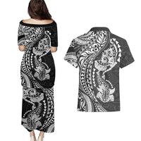 Hawaiian Manta Ray and Hammerhead Shark Tribal Tattoo Couples Matching Puletasi and Hawaiian Shirt with Polynesian Tribal Pattern Black-White Color