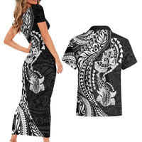 Hawaiian Manta Ray and Hammerhead Shark Tribal Tattoo Couples Matching Short Sleeve Bodycon Dress and Hawaiian Shirt with Polynesian Tribal Pattern Black-White Color