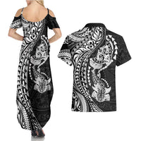 Hawaiian Manta Ray and Hammerhead Shark Tribal Tattoo Couples Matching Summer Maxi Dress and Hawaiian Shirt with Polynesian Tribal Pattern Black-White Color