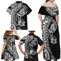 Hawaiian Manta Ray and Hammerhead Shark Tribal Tattoo Family Matching Off Shoulder Maxi Dress and Hawaiian Shirt with Polynesian Tribal Pattern Black-White Color