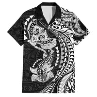 Hawaiian Manta Ray and Hammerhead Shark Tribal Tattoo Family Matching Off Shoulder Maxi Dress and Hawaiian Shirt with Polynesian Tribal Pattern Black-White Color