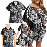 Hawaiian Manta Ray and Hammerhead Shark Tribal Tattoo Family Matching Off Shoulder Short Dress and Hawaiian Shirt with Polynesian Tribal Pattern Black-White Color