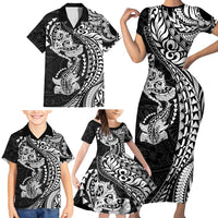 Hawaiian Manta Ray and Hammerhead Shark Tribal Tattoo Family Matching Short Sleeve Bodycon Dress and Hawaiian Shirt with Polynesian Tribal Pattern Black-White Color