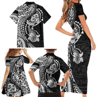 Hawaiian Manta Ray and Hammerhead Shark Tribal Tattoo Family Matching Short Sleeve Bodycon Dress and Hawaiian Shirt with Polynesian Tribal Pattern Black-White Color