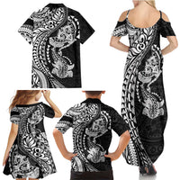 Hawaiian Manta Ray and Hammerhead Shark Tribal Tattoo Family Matching Summer Maxi Dress and Hawaiian Shirt with Polynesian Tribal Pattern Black-White Color