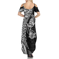 Hawaiian Manta Ray and Hammerhead Shark Tribal Tattoo Family Matching Summer Maxi Dress and Hawaiian Shirt with Polynesian Tribal Pattern Black-White Color